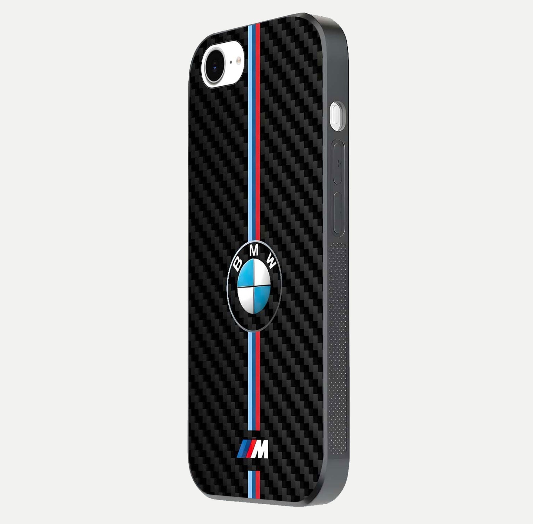 BMW Pattern Glass Case for iPhone 16e side-angle image showing edge finish and luxury car-inspired shine