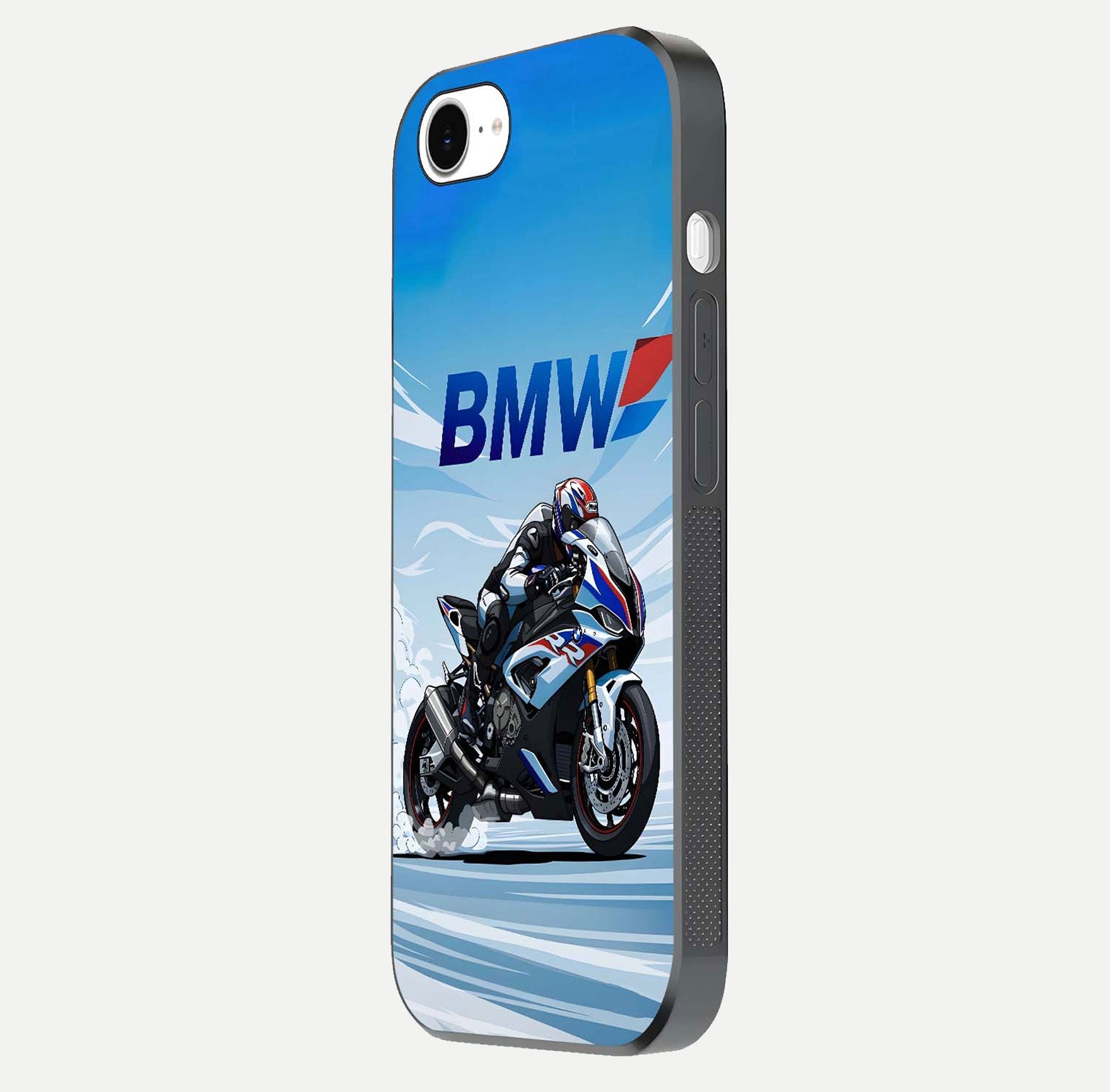 BMW Power Drift Glass Case for iPhone 16e side-angle image emphasizing smooth finish and detailed design