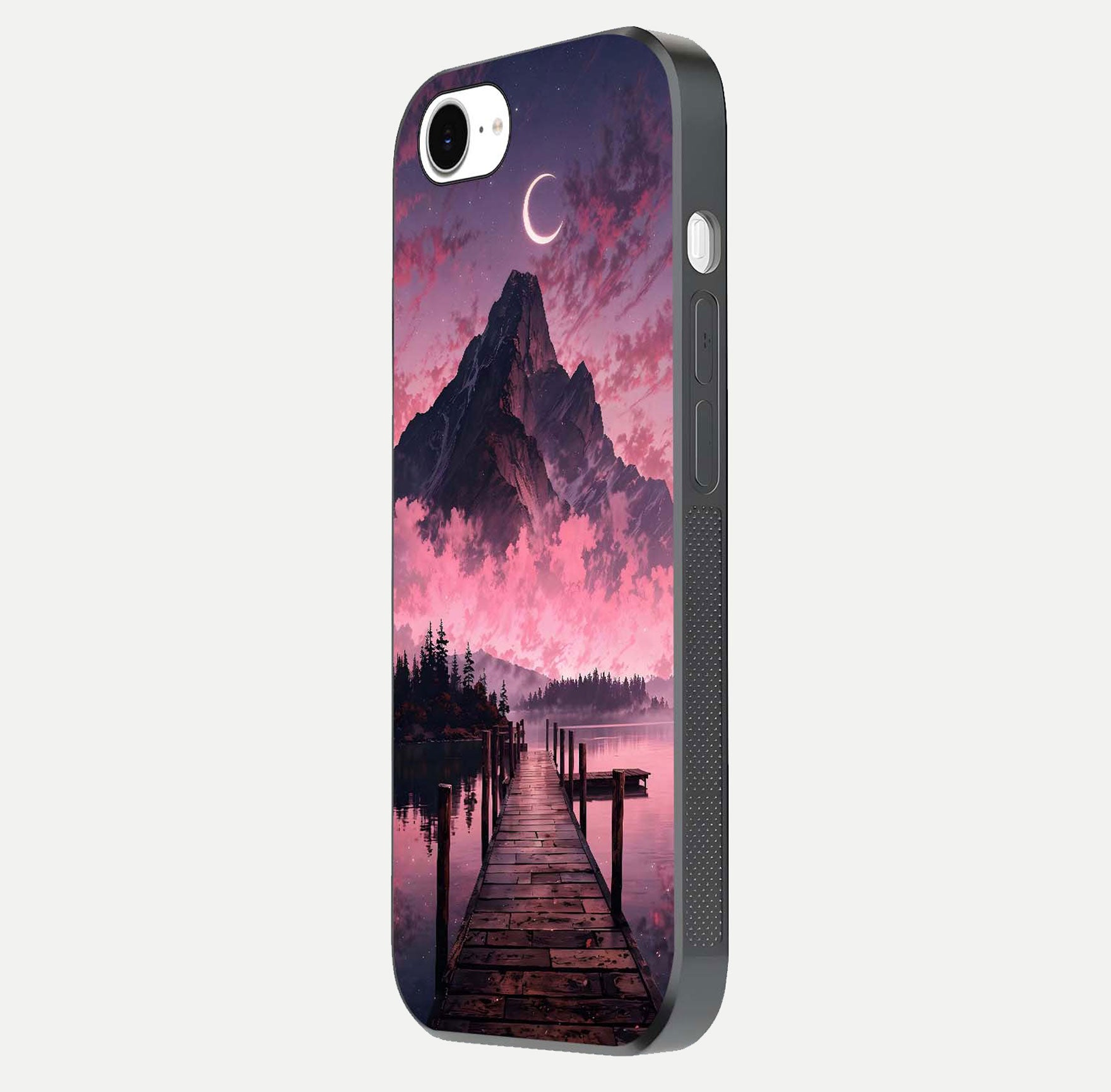 Beautyful Mountain View Glass Case for iPhone 16e side-angle image displaying mountain artwork and gloss surface