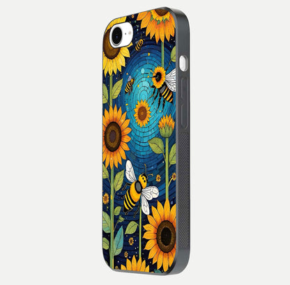 Bees & Sunflowers Glass Case for iPhone 16e side-angle image showing bee pattern alignment and shiny protective surface