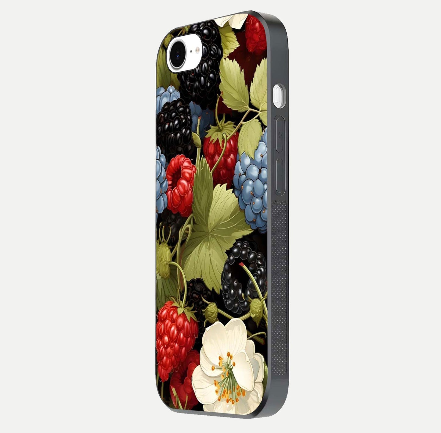 Berry Bloom Charm Glass Case for iPhone 16e side-angle image showing floral texture and high-definition print gloss