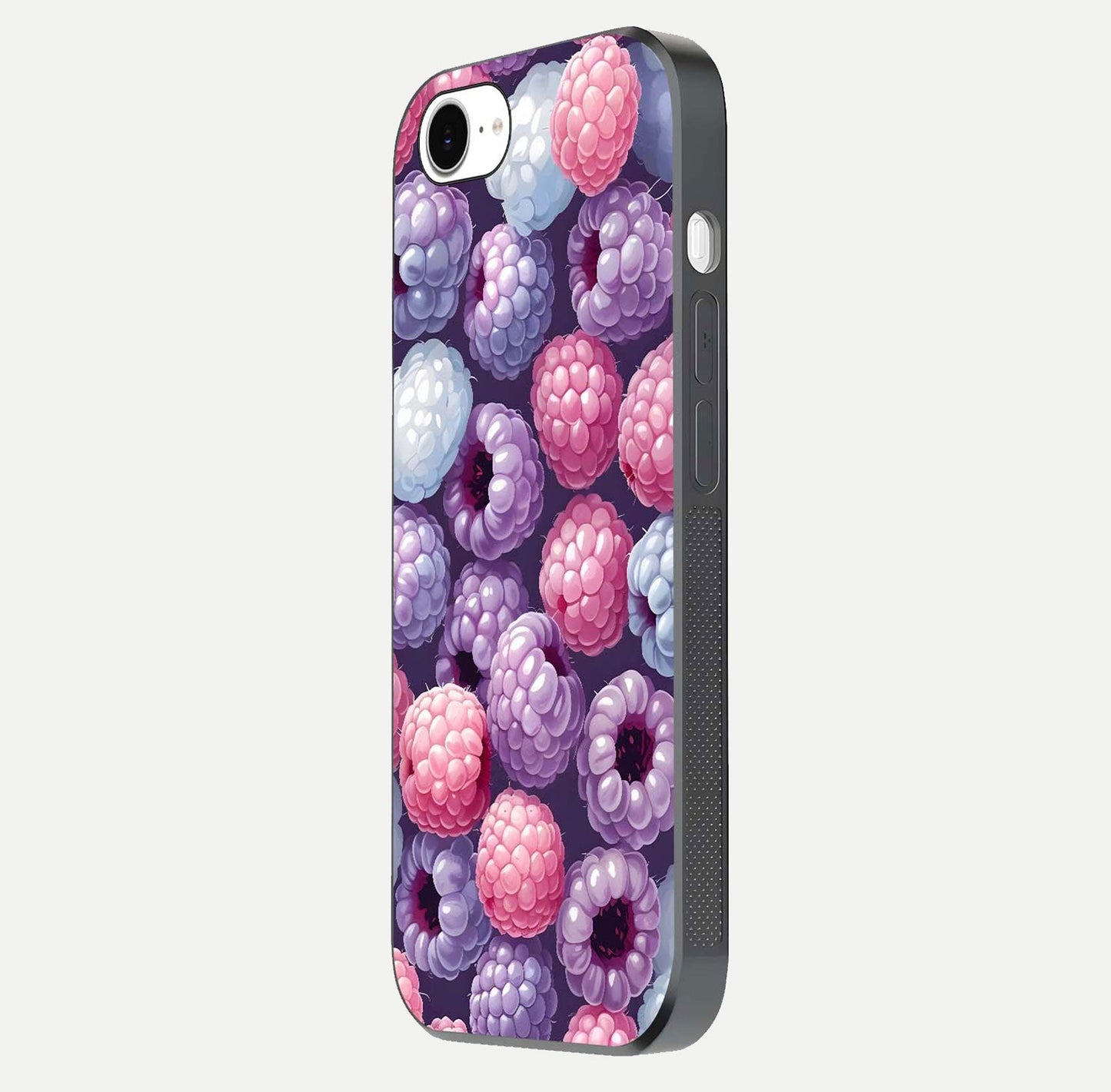 Berry Candy Pop Glass Case for iPhone 16e side-angle image with bright color tones and smooth reflection