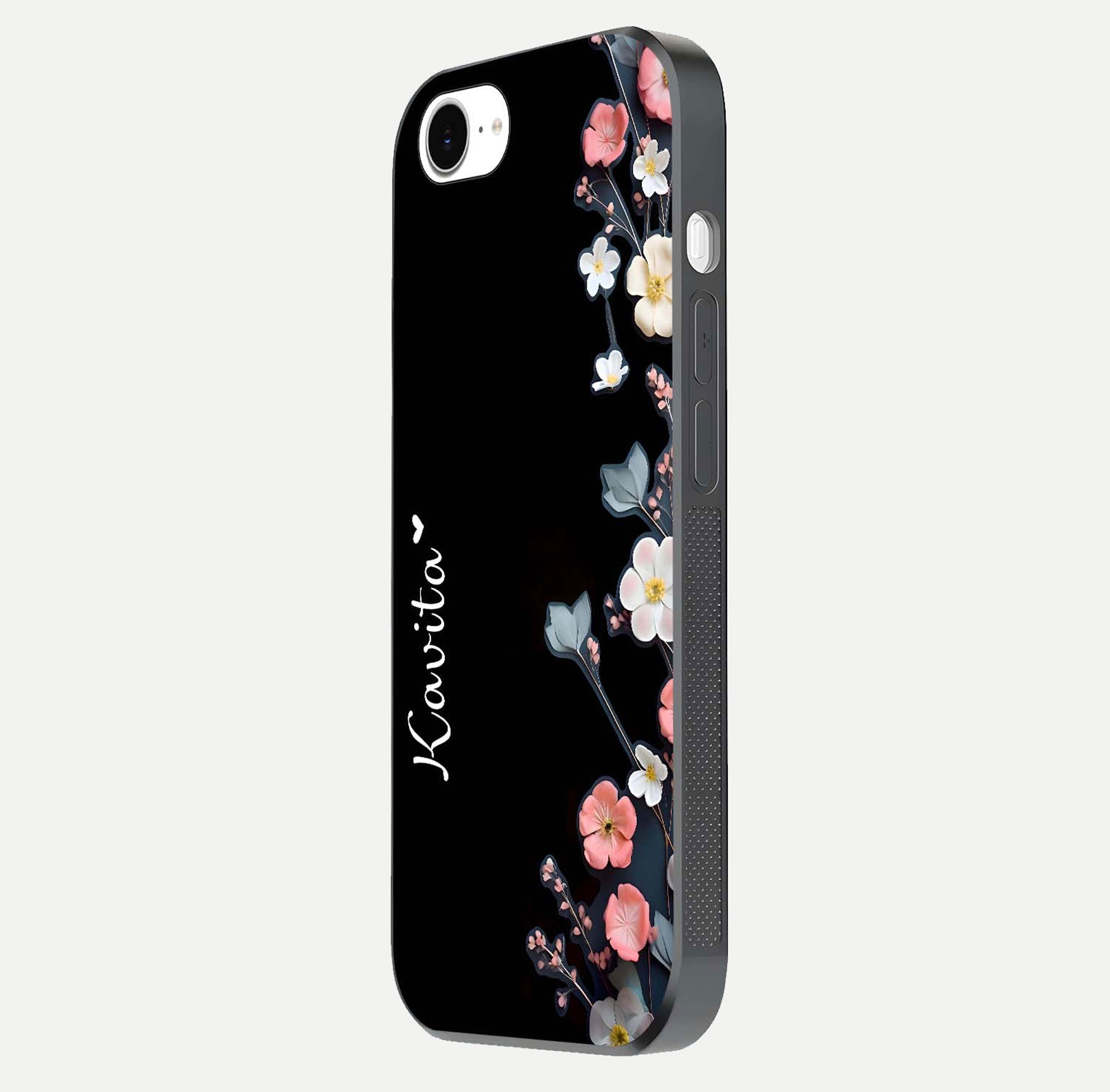Black Elegance Floral Custom Name Glass Case for iPhone 16e side-angle showing black gloss depth and delicate print texture