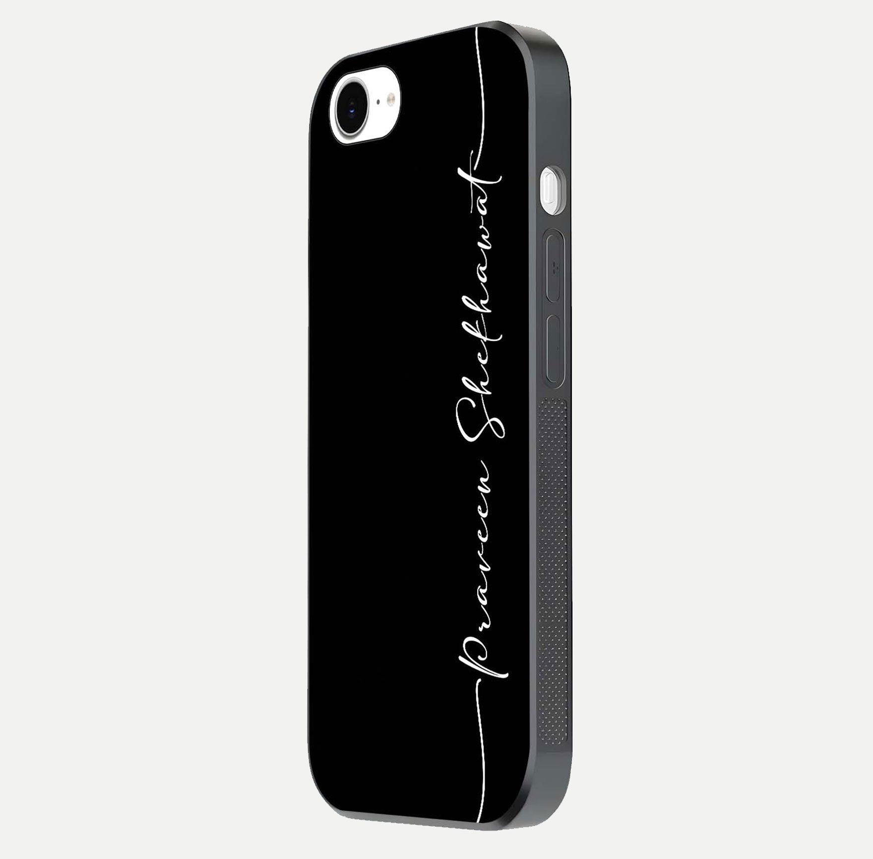 Black Tune Custom Name Glass Case for iPhone 16e side-angle photo showing mirror-like surface and slim profile