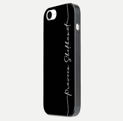 Black Tune Custom Name Glass Case for iPhone 16e side-angle photo showing mirror-like surface and slim profile
