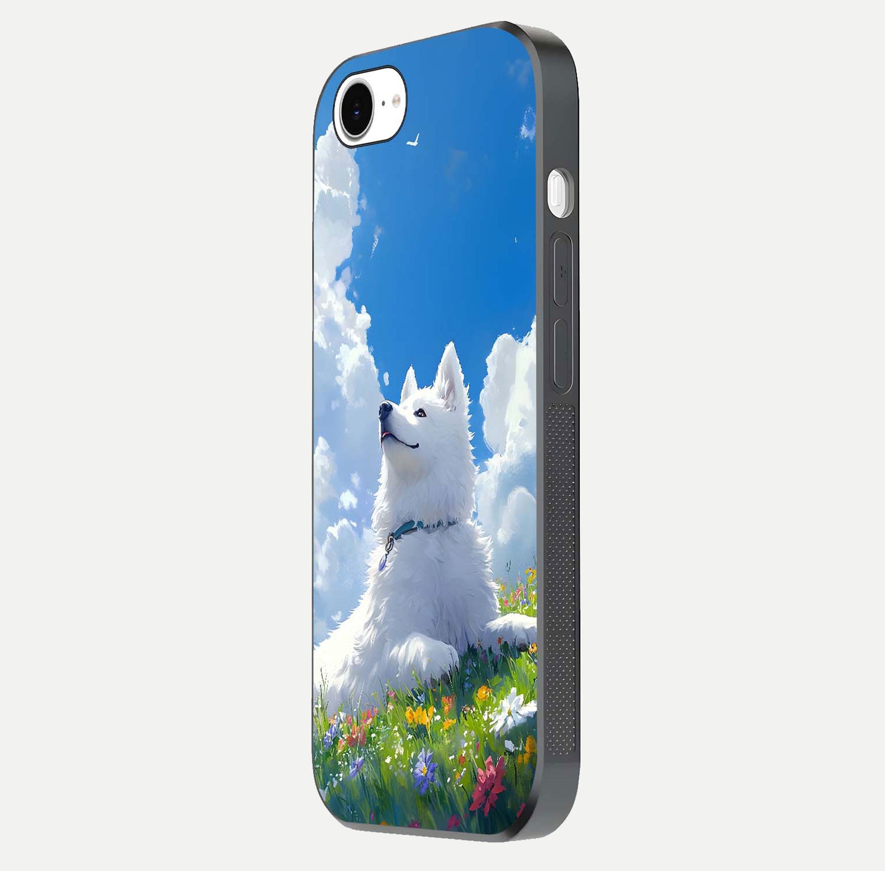 Blissful Cloud Pup Glass Case for iPhone 16e side-angle shot displaying puppy print and glossy texture