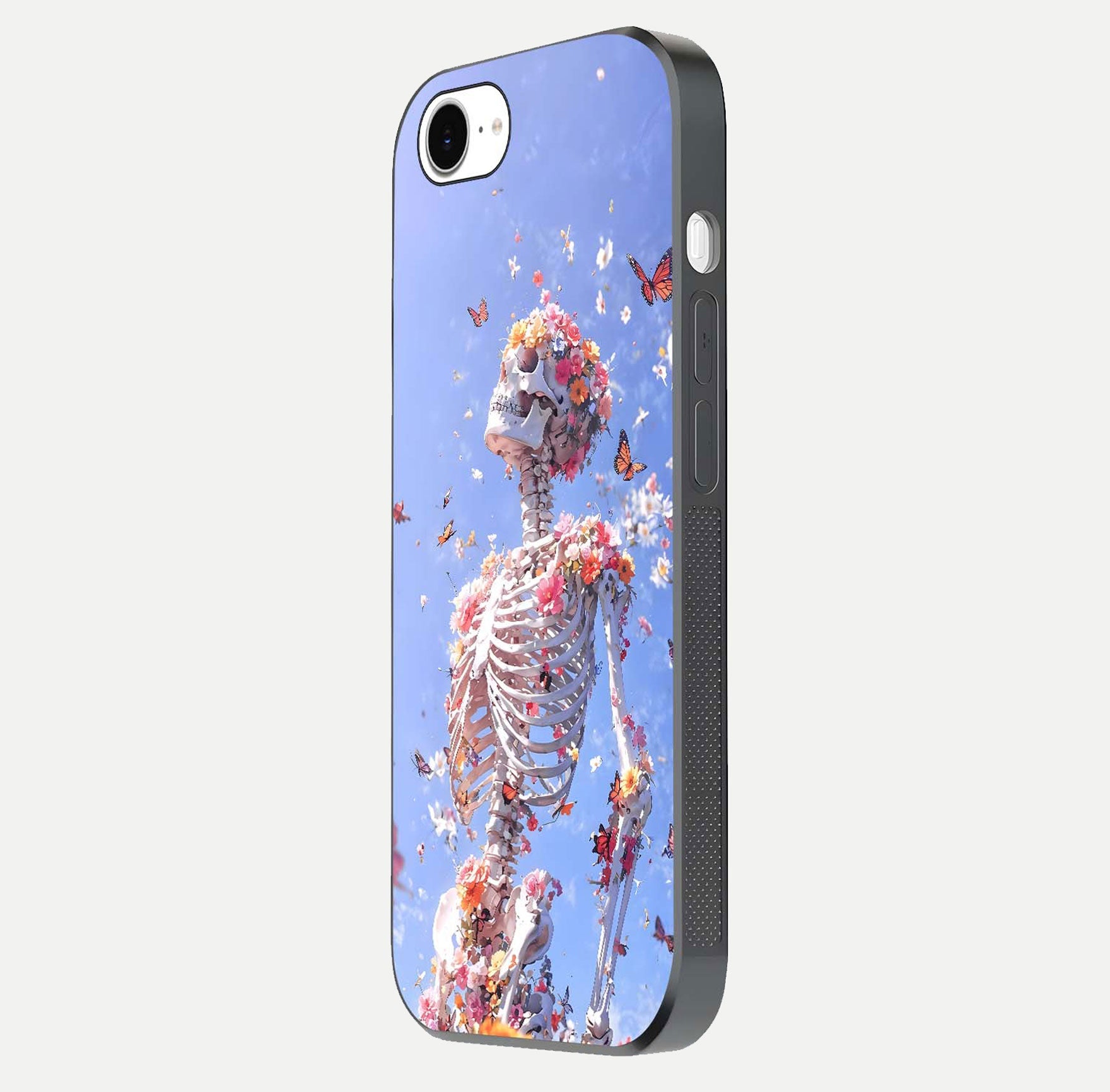 Bloom Beyond Bones Glass Case for iPhone 16e side-angle image highlighting print precision and gloss finish