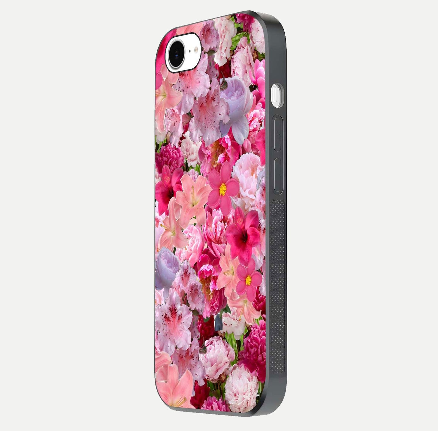 Bloom Crush Fantasy Glass Case for iPhone 16e side-angle shot with fantasy bloom art and gloss surface