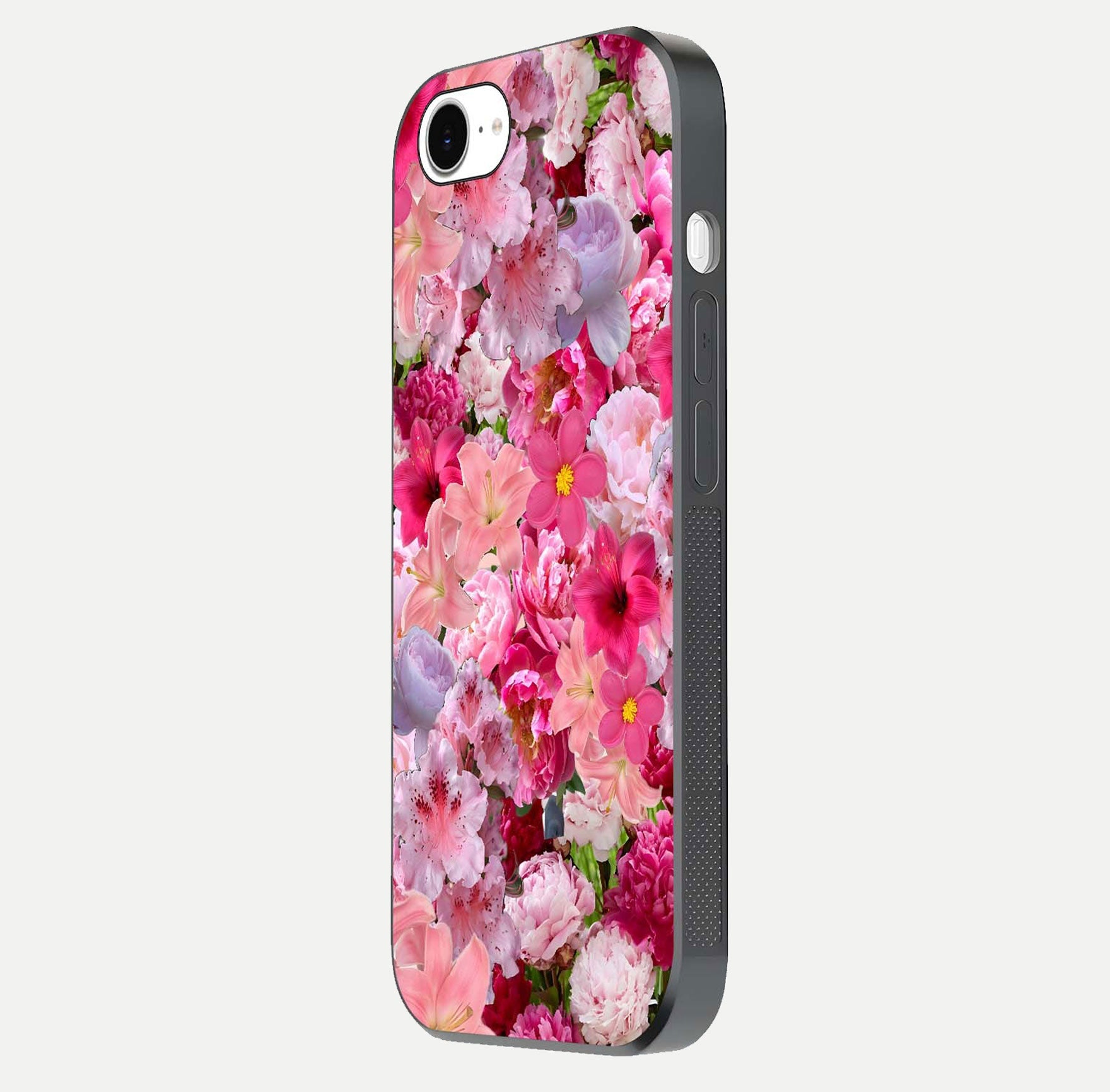 Bloom Crush Fantasy Glass Case for iPhone 16e side-angle shot with fantasy bloom art and gloss surface