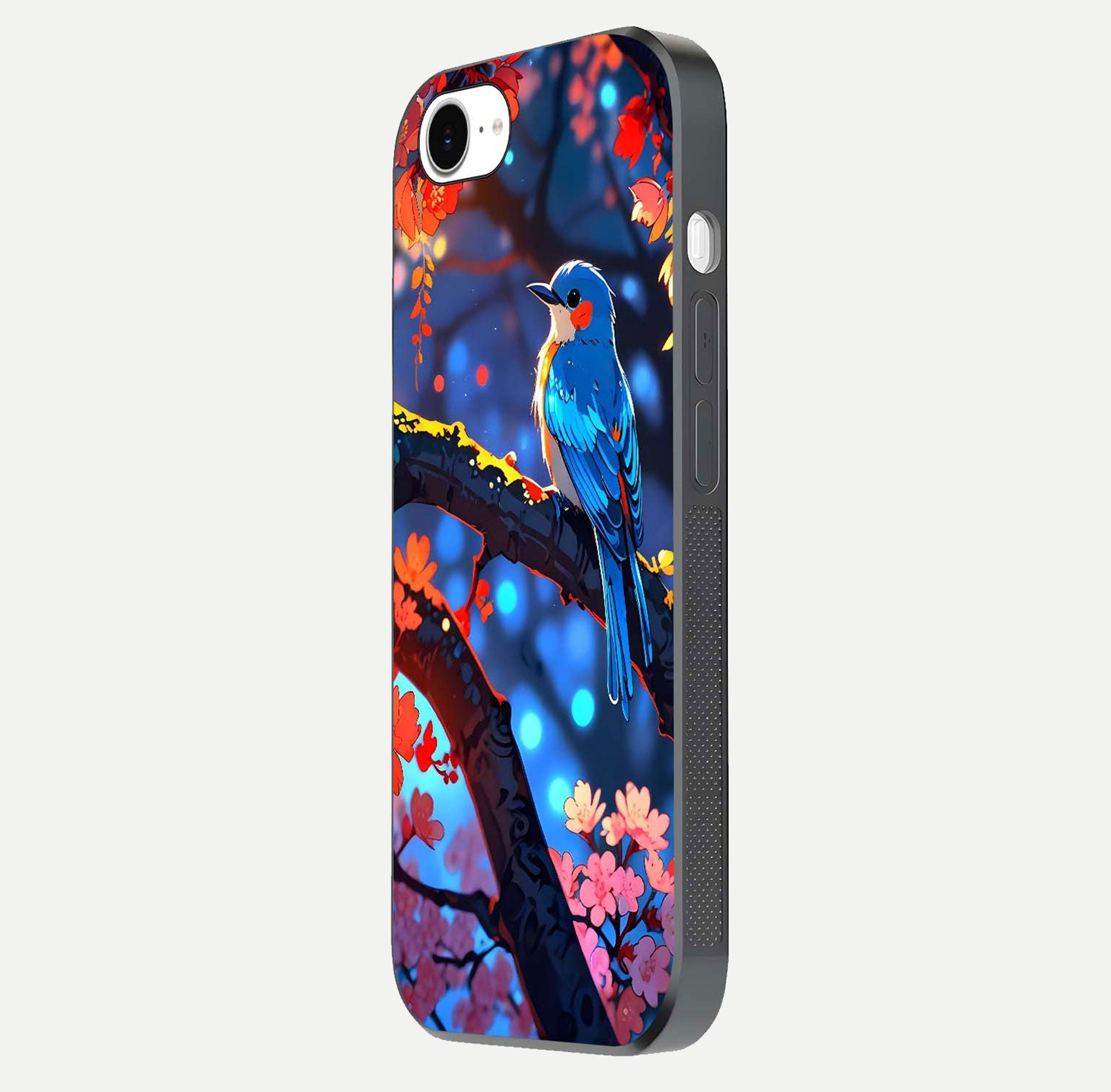 Blooming Spendor Bird Glass Case for iPhone 16e side-angle photo showing floral wings and reflection finish