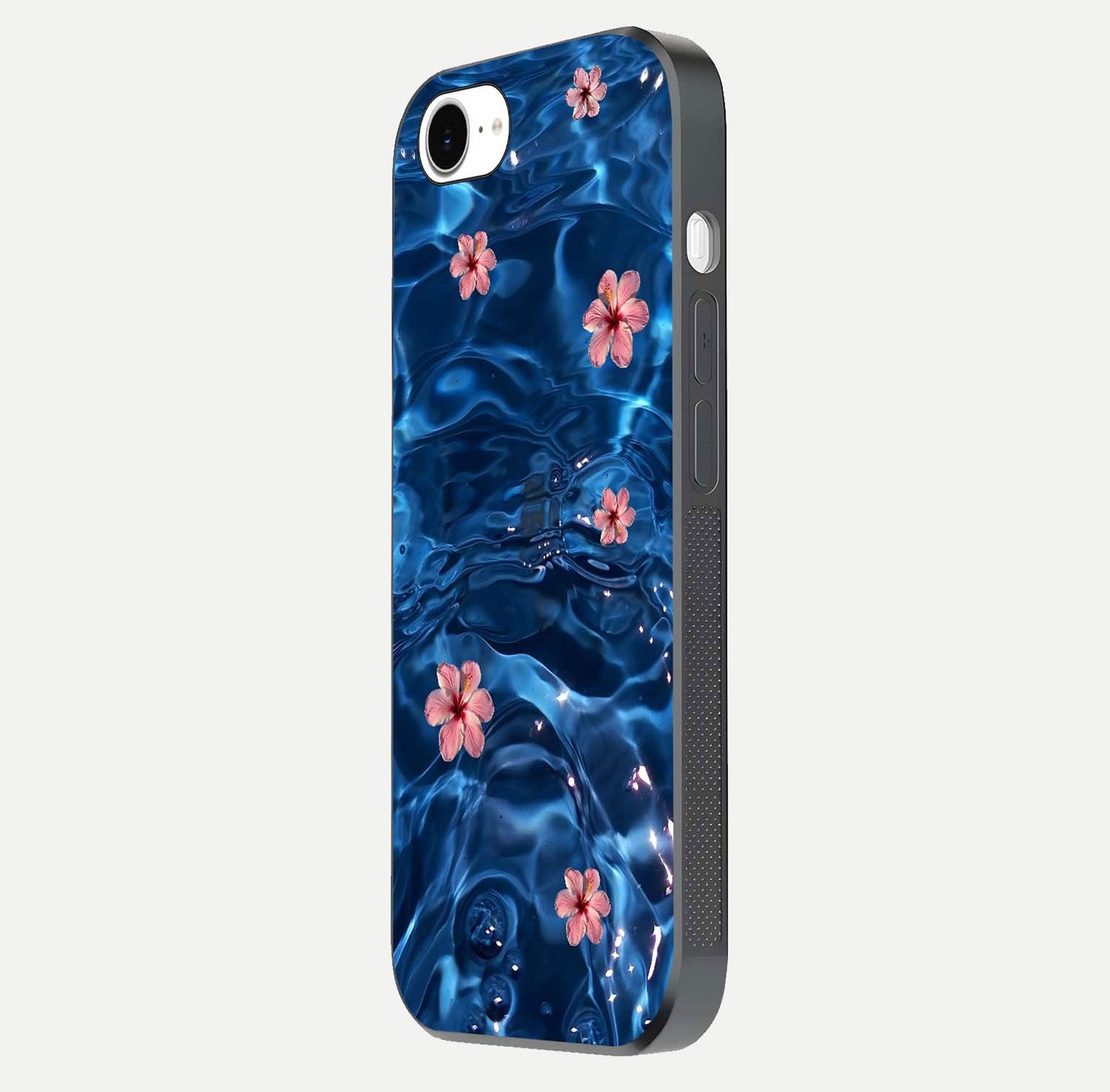Blooming Water Drift Glass Case for iPhone 16e side-angle image showcasing blossom flow, curved corners, and HD glass gloss