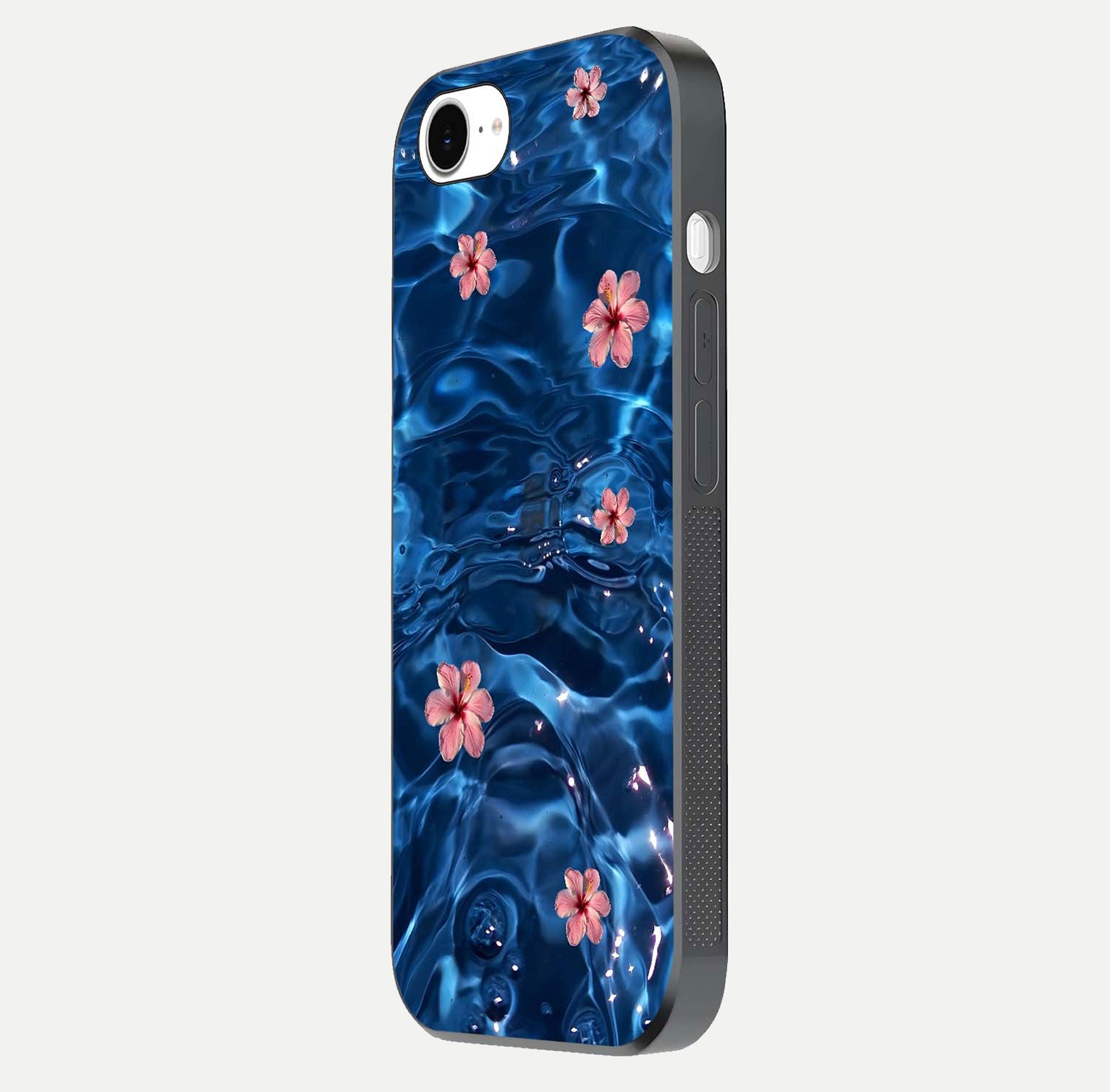 Blooming Water Drift Glass Case for iPhone 16e side-angle image showcasing blossom flow, curved corners, and HD glass gloss