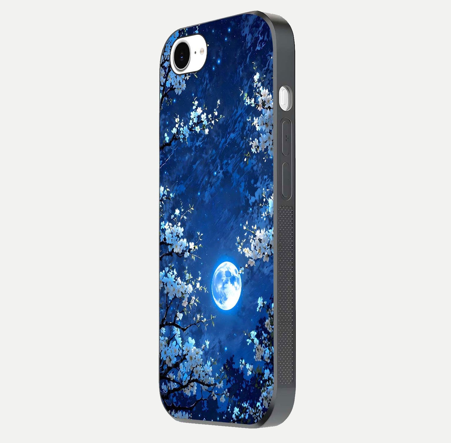 Blossom Moonlight Sky Glass Case for iPhone 16e side-angle view emphasizing moonlight tones and protective edge