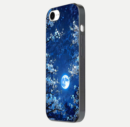 Blossom Moonlight Sky Glass Case for iPhone 16e side-angle view emphasizing moonlight tones and protective edge