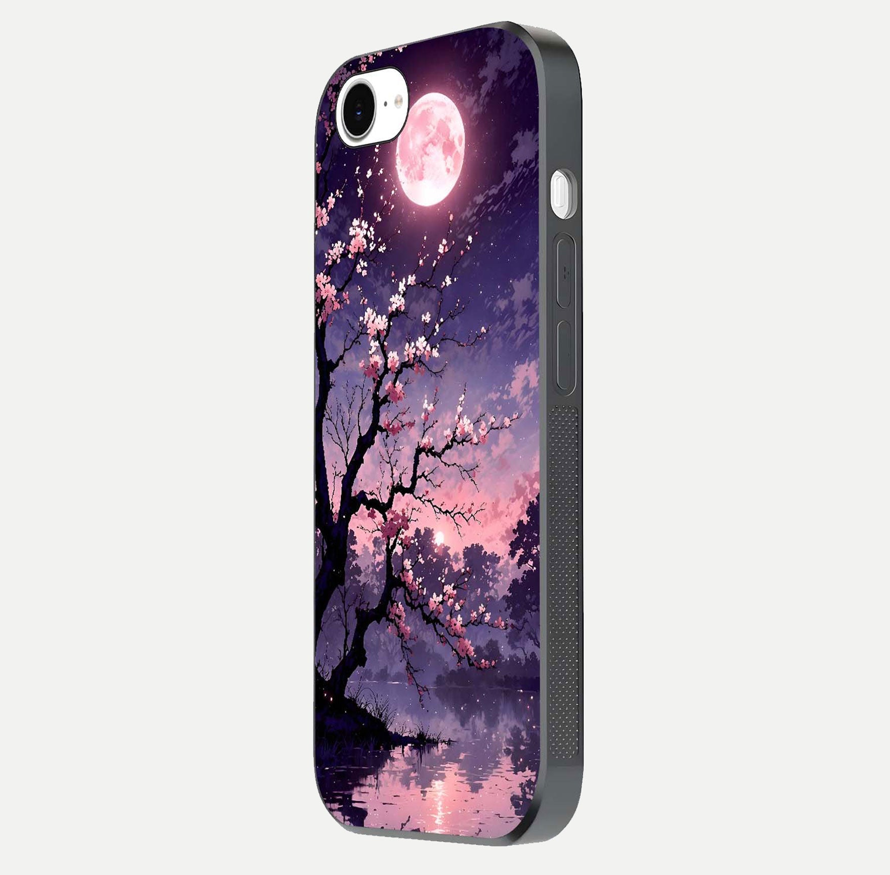 Blossom Pink Moon Glass Case for iPhone 16e side-angle image showing glossy curve and floral-moon balance