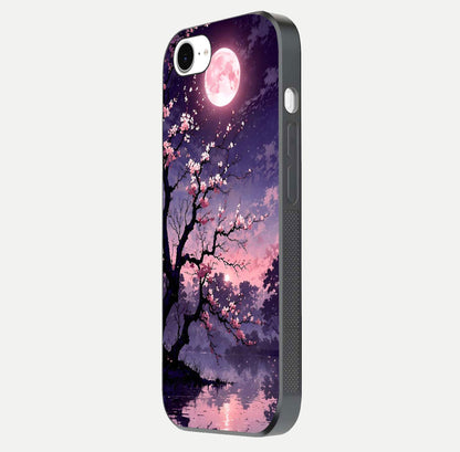 Blossom Pink Moon Glass Case for iPhone 16e side-angle image showing glossy curve and floral-moon balance