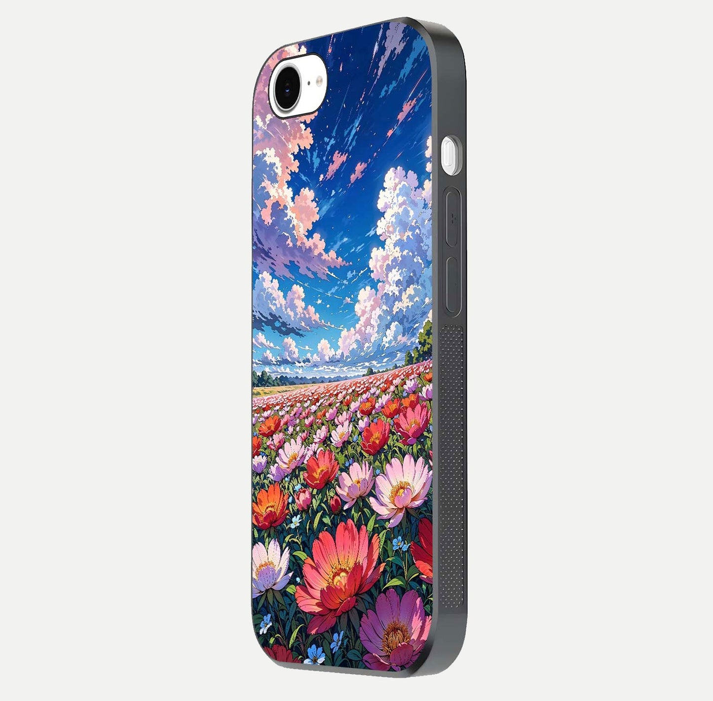 Blossom Sky Field Glass Case for iPhone 16e side-angle showing sky hues, blossom texture, and reflective shine