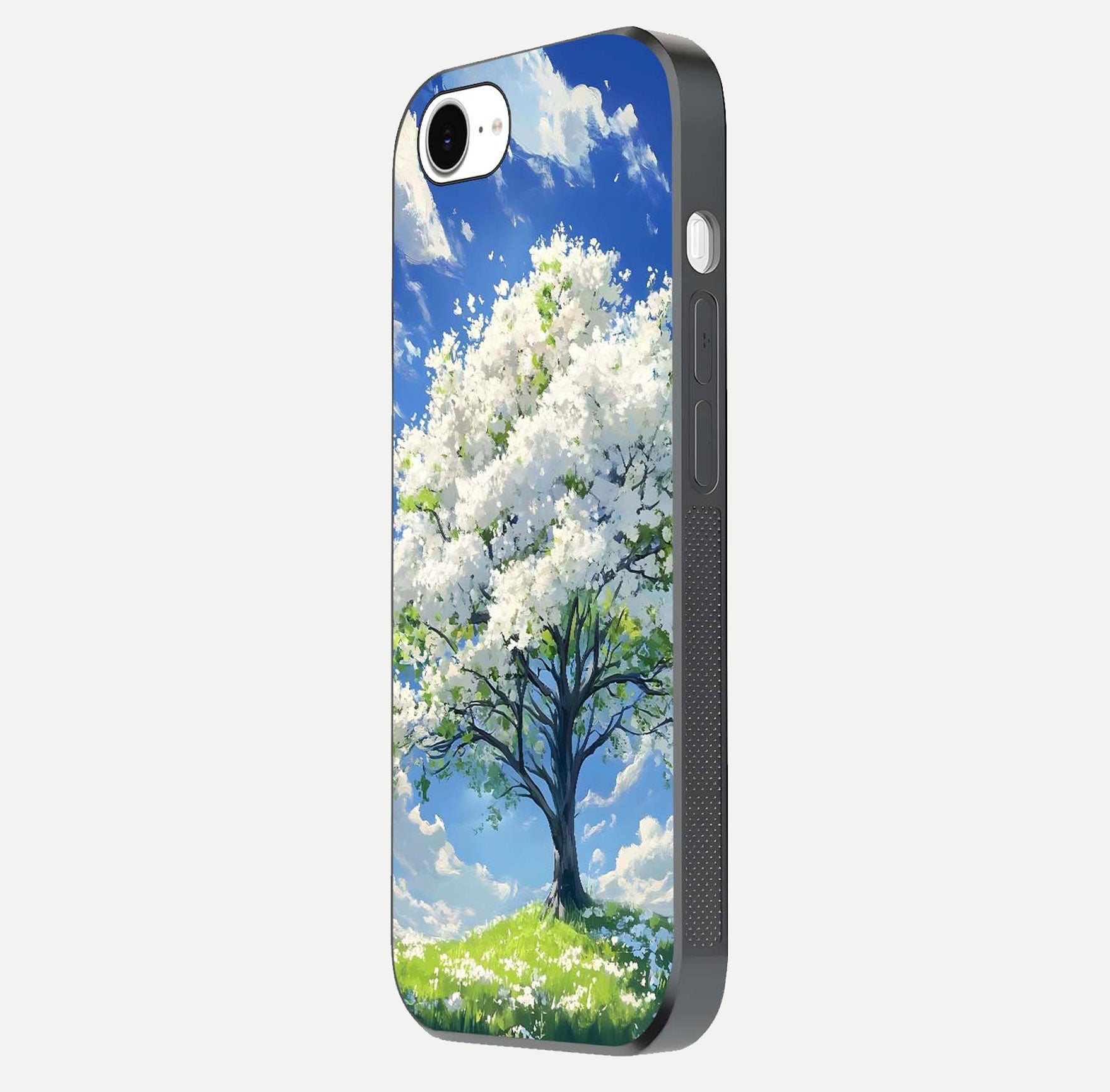Blossom Sky Serenity Glass Case for iPhone 16e side-angle image showing elegant edge flow and light reflection