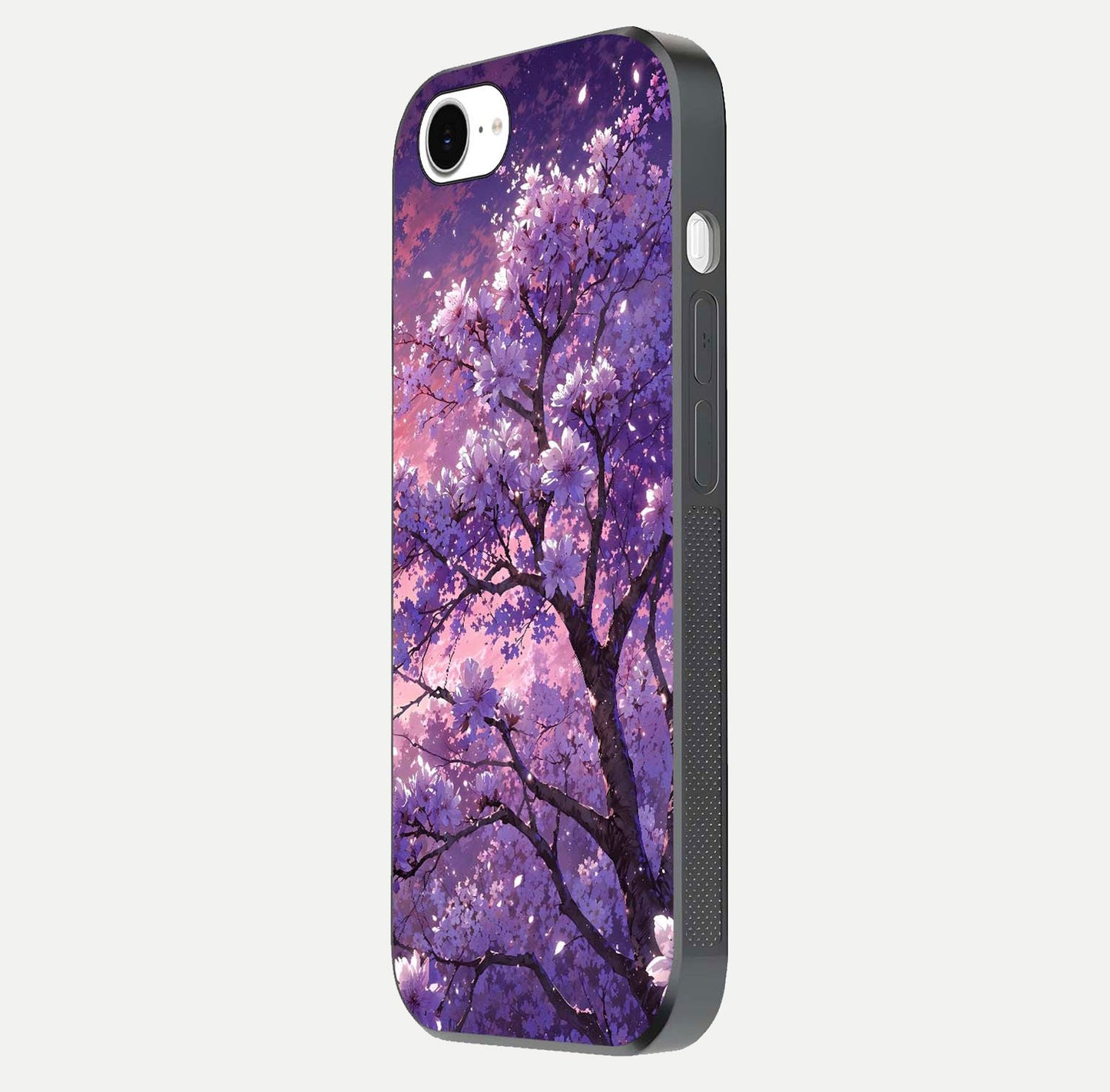Blossom Tree Glass Case for iPhone 16e side-angle image showing floral tree artwork and reflection gloss