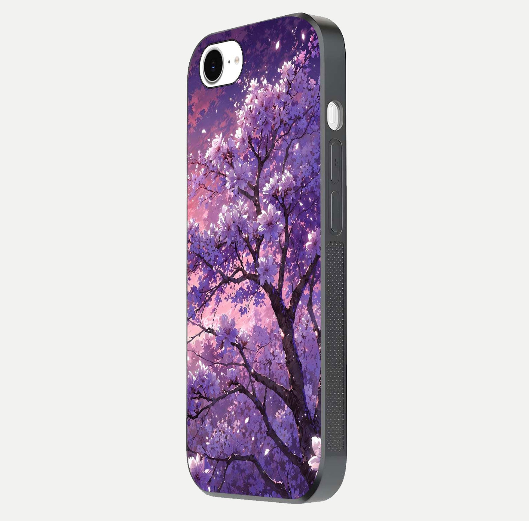 Blossom Tree Glass Case for iPhone 16e side-angle image showing floral tree artwork and reflection gloss
