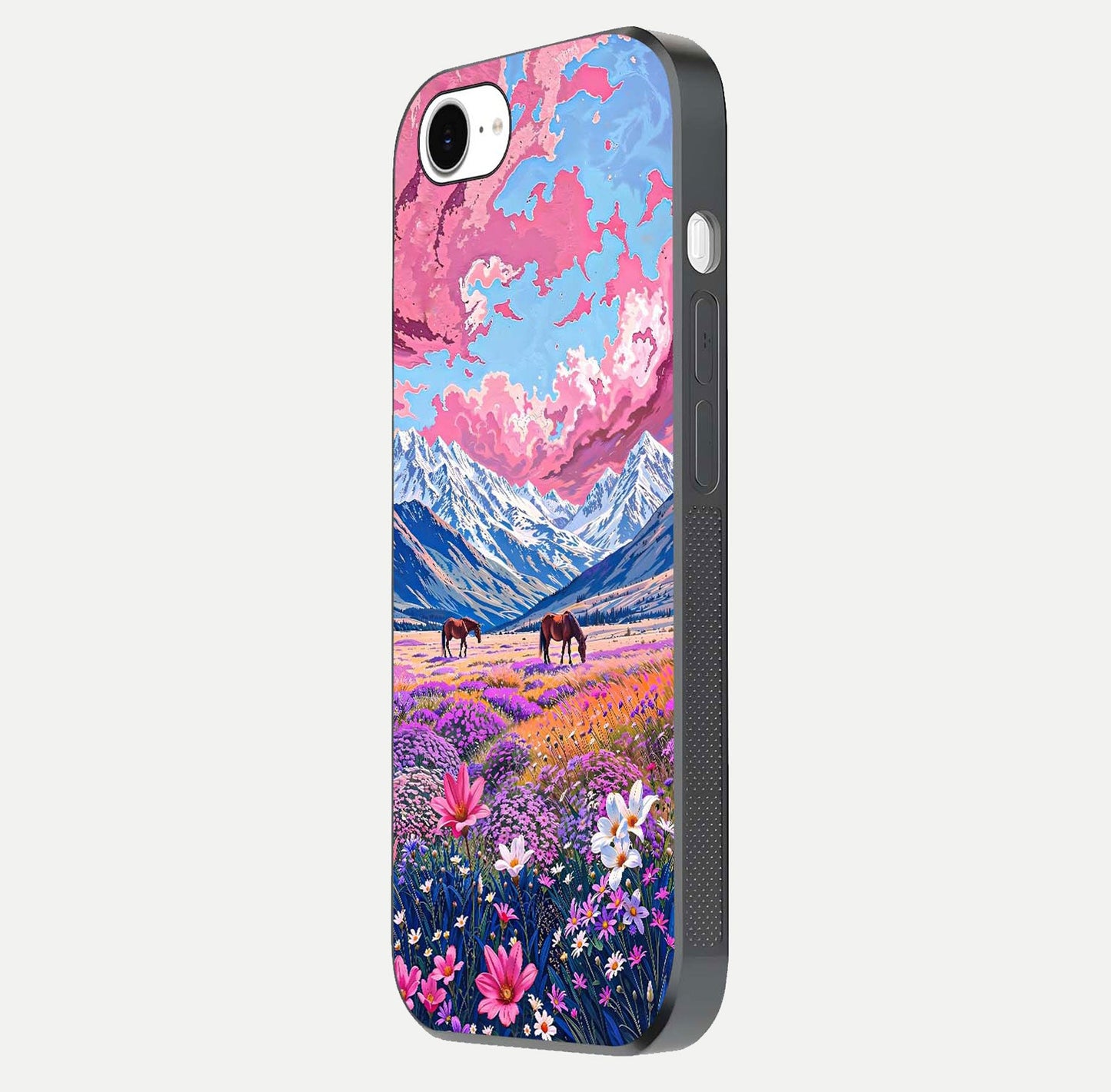 Blossom Valley Dream Glass Case for iPhone 16e side-angle shot showcasing bloom tones and gloss texture