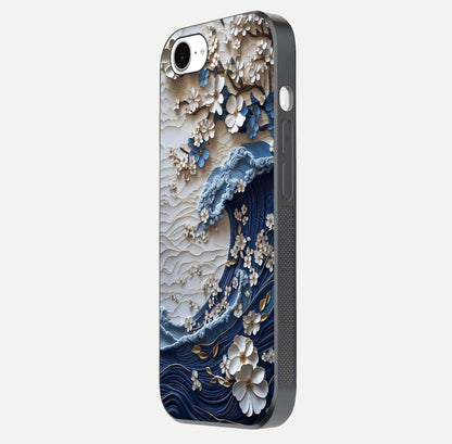 Blossom Wave Art Glass Case for iPhone 16e side-angle view showing wave-flow print and gloss edge finish