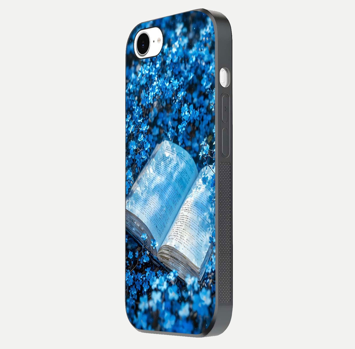 Blue Bloom Tales Glass Case for iPhone 16e side-angle image showing blue floral pattern and glossy finish