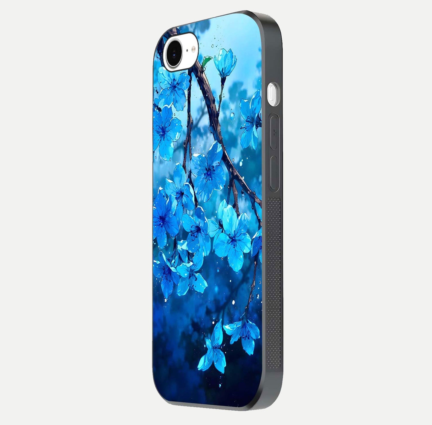 Blue Blossoms Branch Glass Case for iPhone 16e side-angle image showing blossom pattern flow and glossy texture
