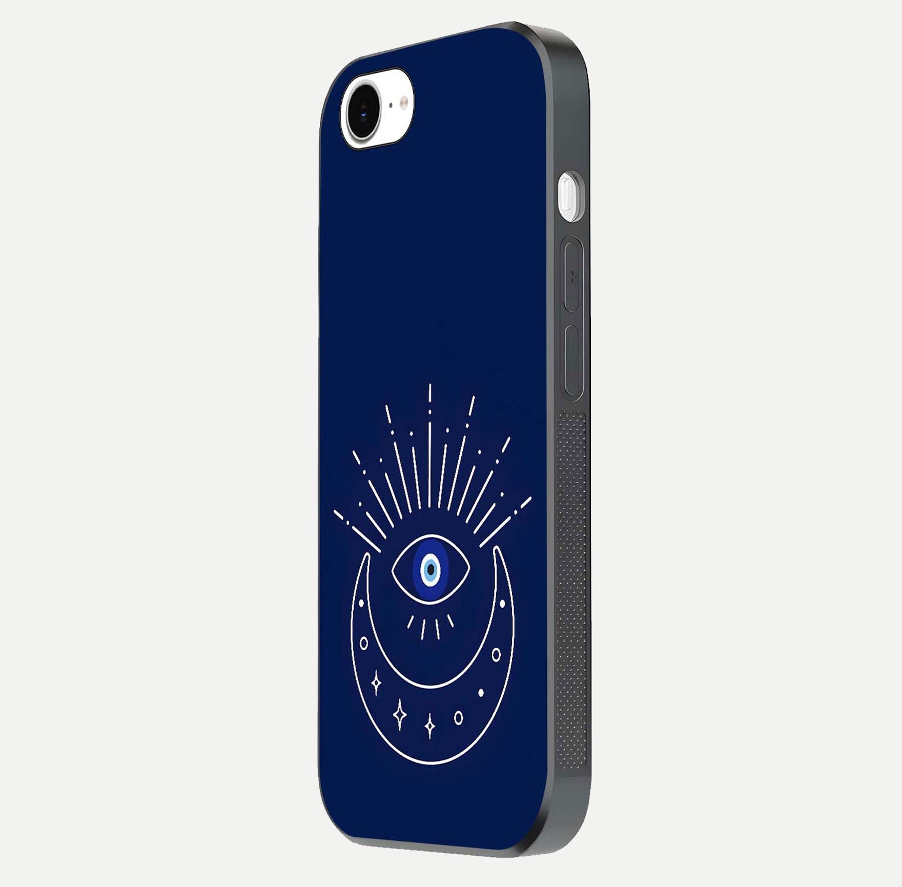 Blue Evil Eye Glass Case for iPhone 16e side-angle view showing edge glow, color balance, and reflective surface