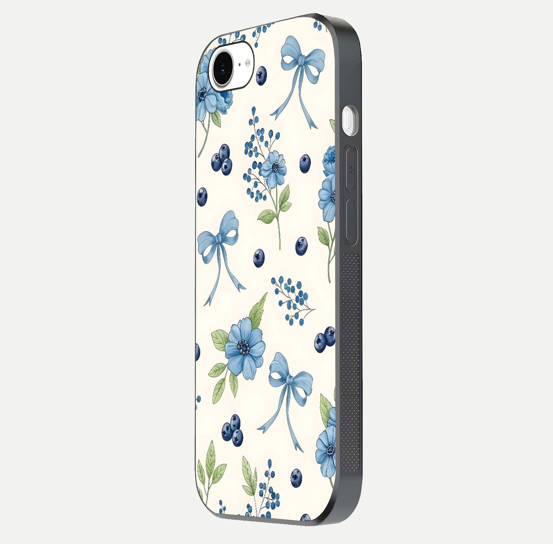 Blue Flower & Bow Glass Case for iPhone 16e side-angle image showing bow-floral mix and HD finish shine