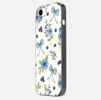 Blue Flower & Bow Glass Case for iPhone 16e side-angle image showing bow-floral mix and HD finish shine