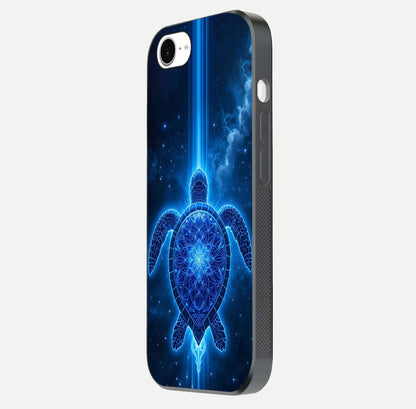 Blue Galaxy Turtle Glass Case for iPhone 16e side-angle photo capturing galaxy shine and smooth edge design