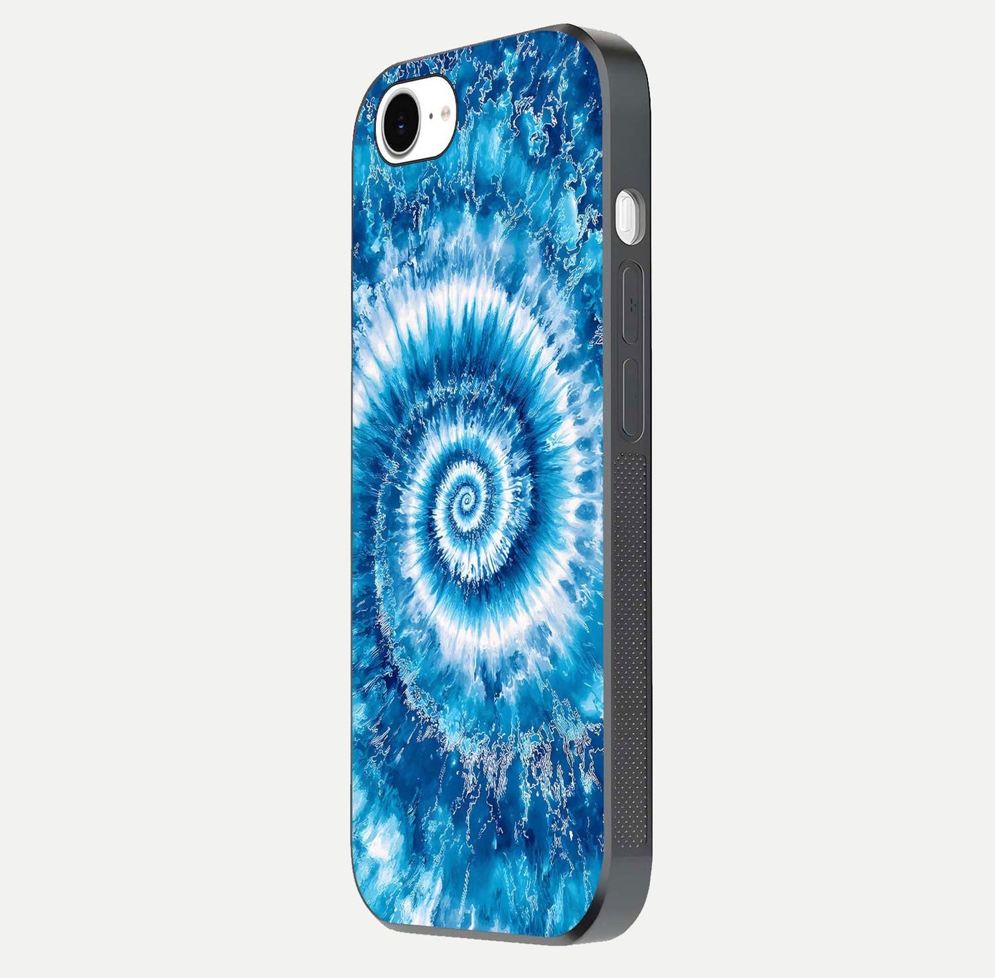 Blue Galaxy Wave Glass Case for iPhone 16e side-angle image showing wave ripple art and glass gloss