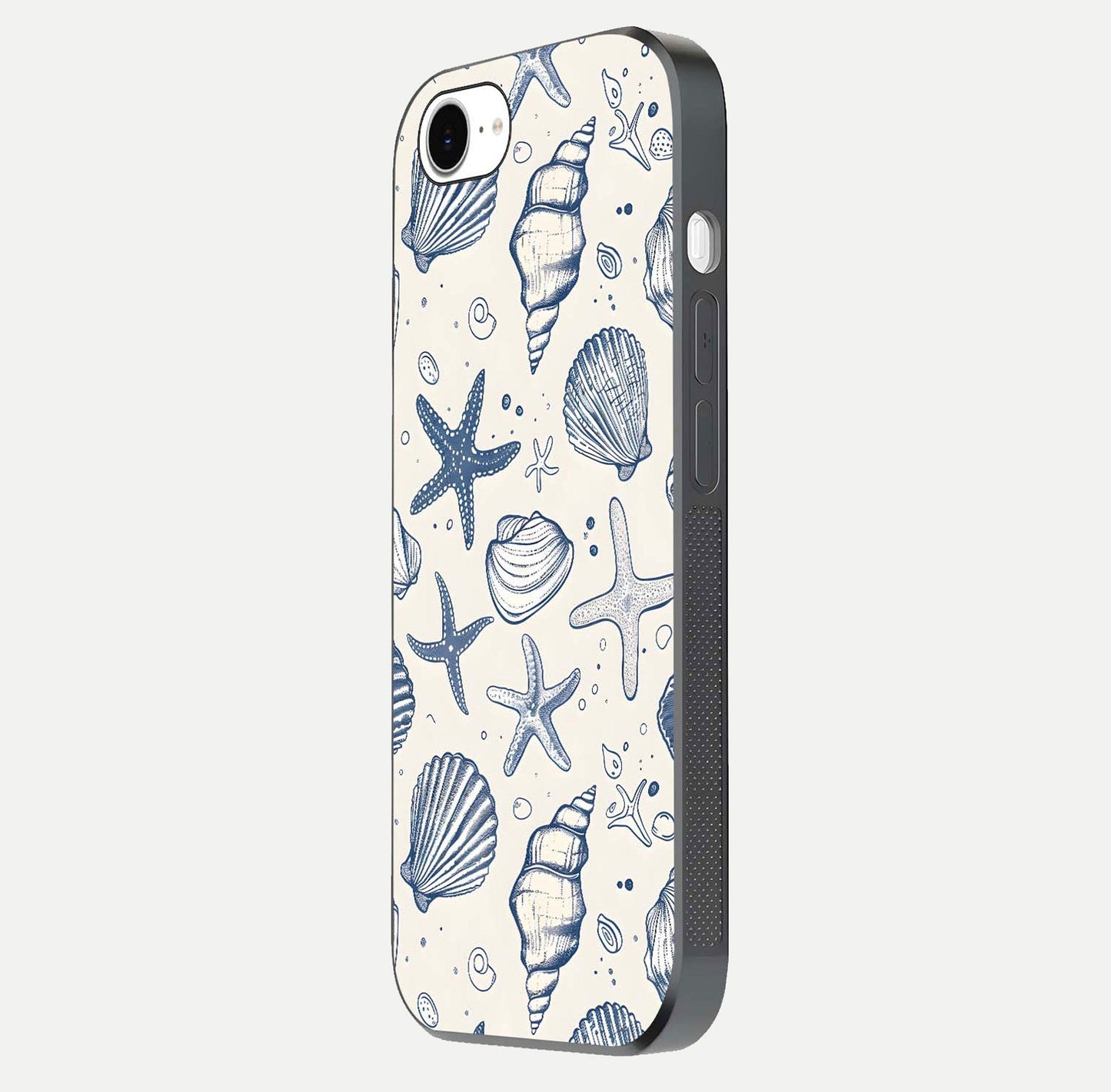 Blue Ocean Outline Glass Case for iPhone 16e side-angle view showing clear edge lines and oceanic blue glow