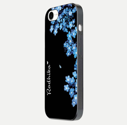 Blue Petal Dream Custom Name Glass Case for iPhone 16e side-angle image showing name print clarity and smooth gloss