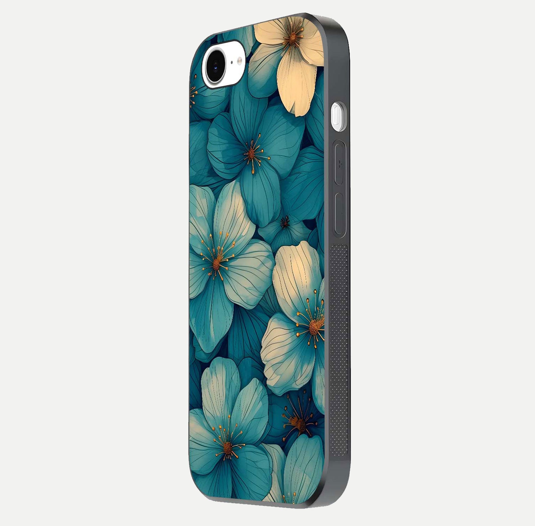 Blue Shade Floral Glass Case for iPhone 16e side-angle photo showing detailed floral hues and curved glass shine
