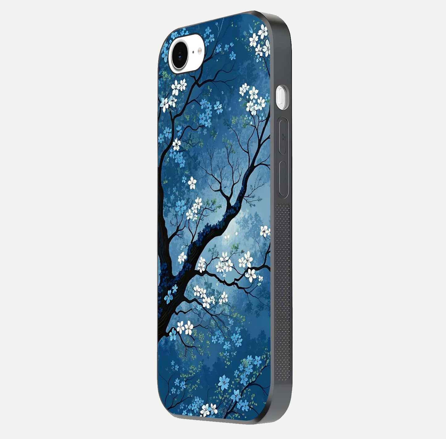 Blue Tree Serenity Glass Case for iPhone 16e side-angle shot showing glossy edge and tree pattern reflection