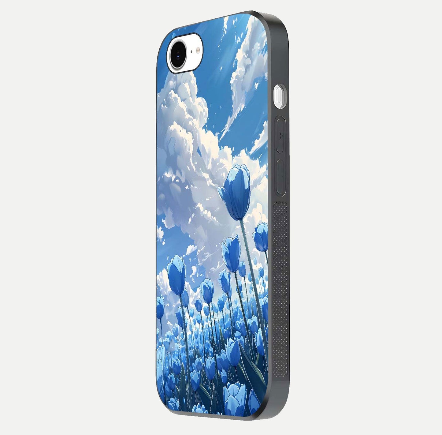 Blue Tulip Clouds Glass Case for iPhone 16e side-angle image showing edge curve and flower reflection glow