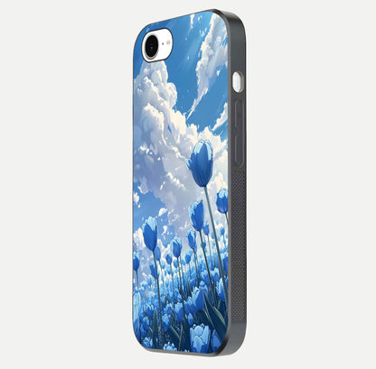 Blue Tulip Clouds Glass Case for iPhone 16e side-angle image showing edge curve and flower reflection glow