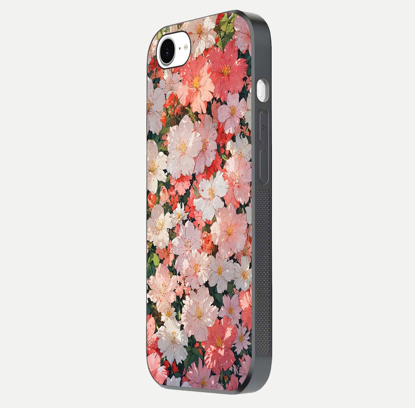 Blush Bloom Field Glass Case for iPhone 16e side-angle image showing petal pattern gloss and smooth edges