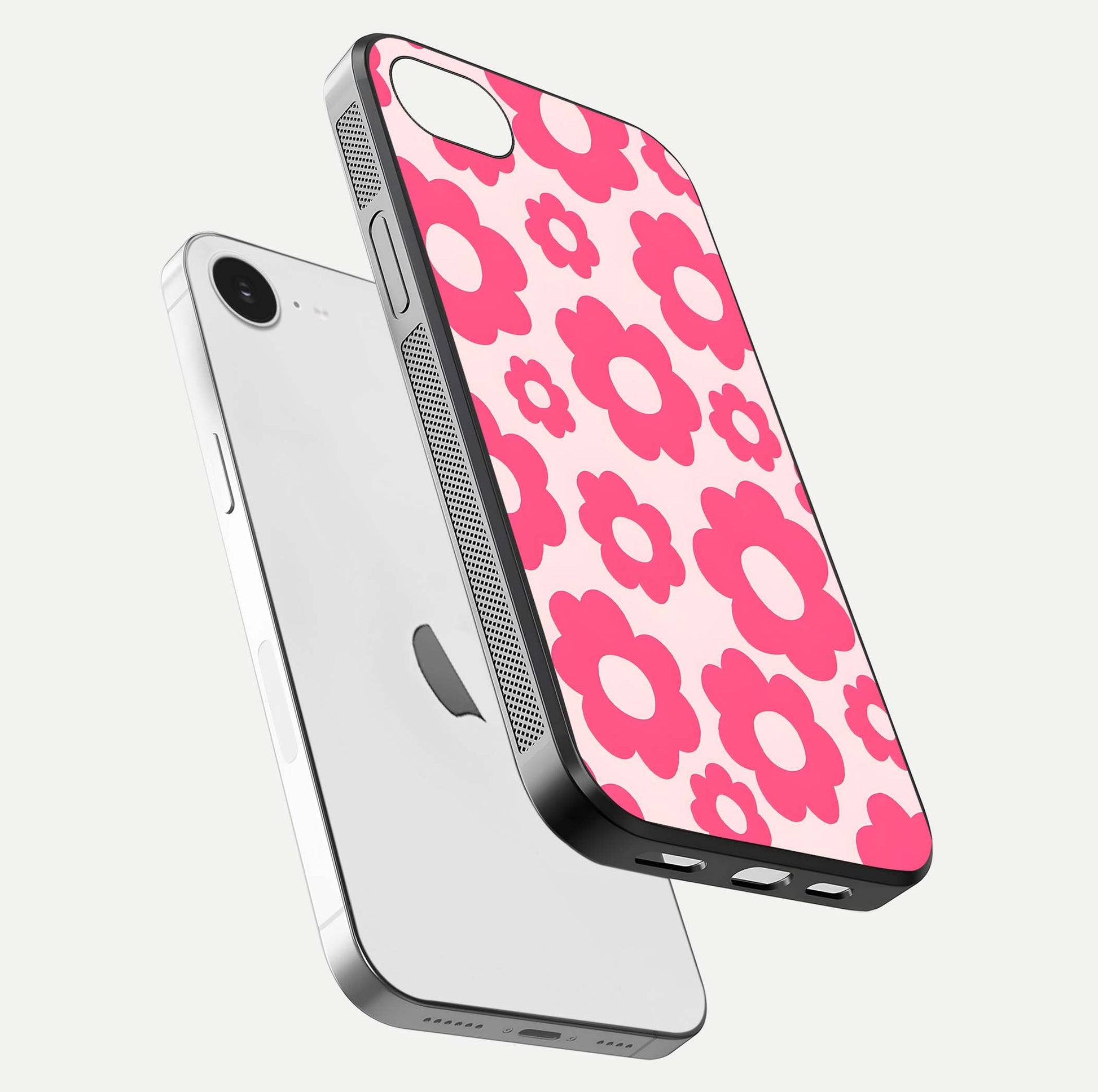 Blush Flower Pop iPhone 16e glass phone case floating view emphasizing premium build and vibrant flower artwork