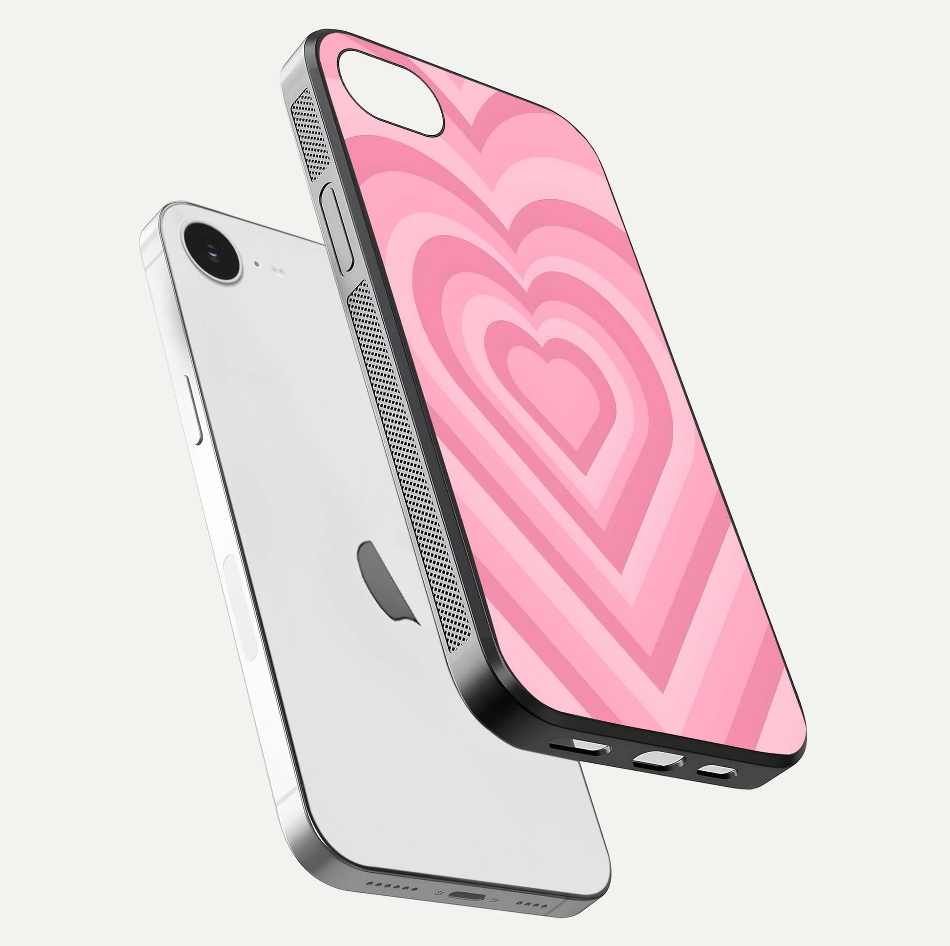 Blush Heart Waves iPhone 16e glass phone case floating view emphasizing glossy finish and layered heart design