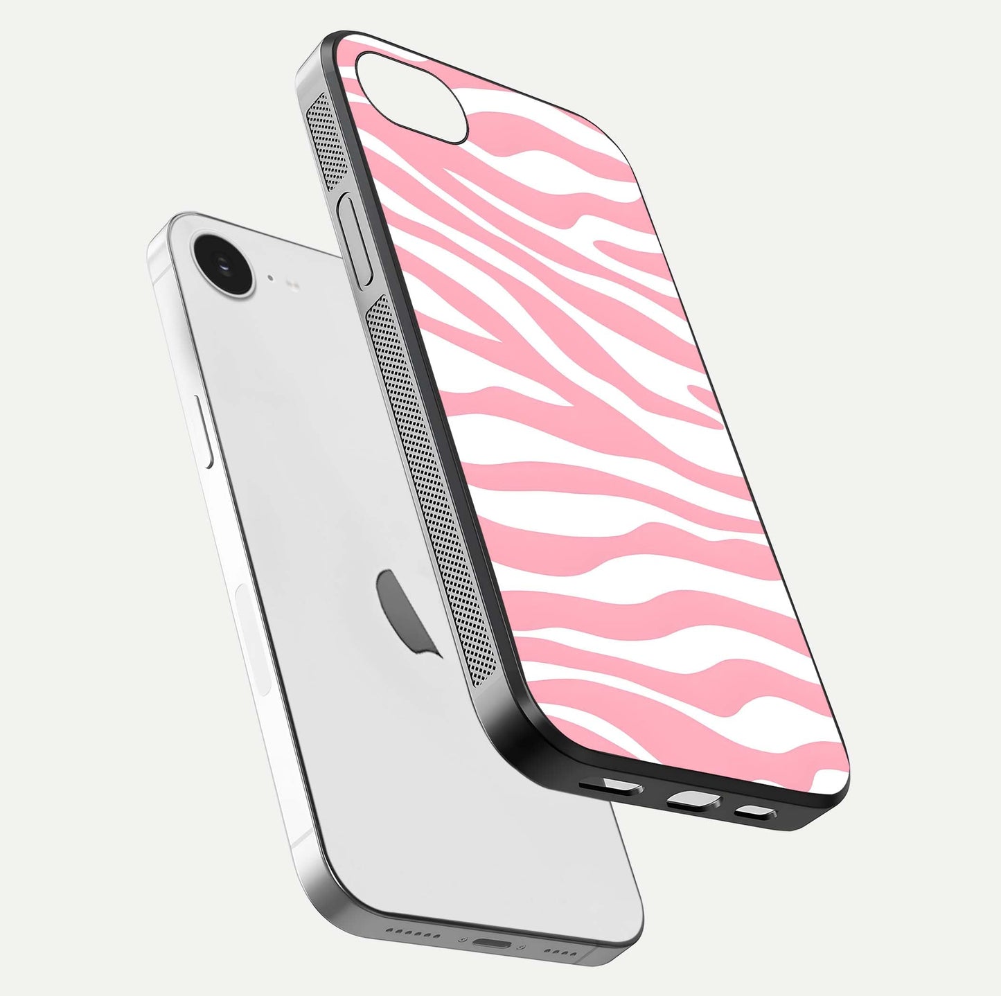 Blush Zebra Flow iPhone 16e glass phone case floating view emphasizing premium glossy surface and dynamic design