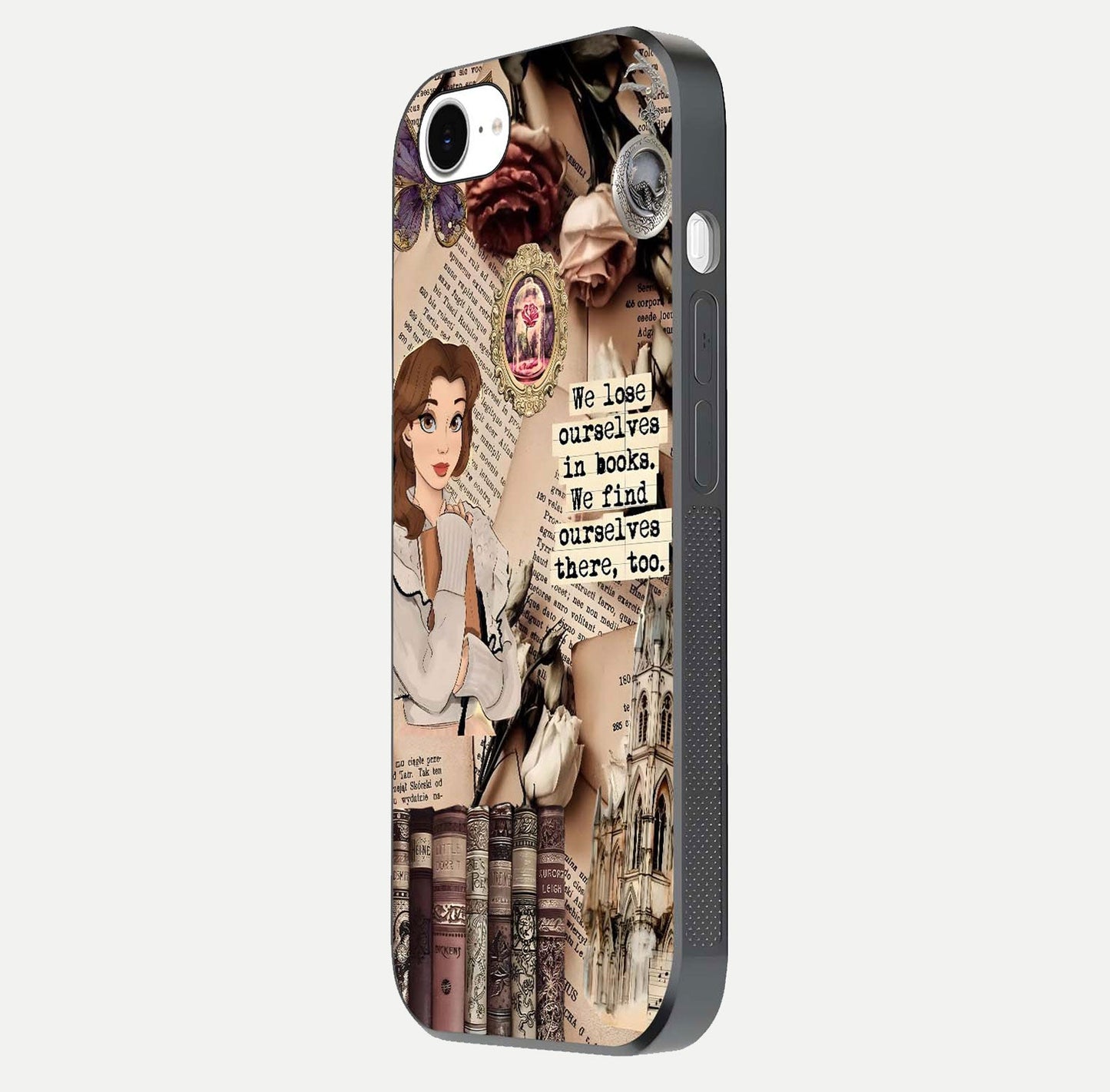 Bookish Dream World Glass Case for iPhone 16e side-angle image showing detail depth and smooth corner polish