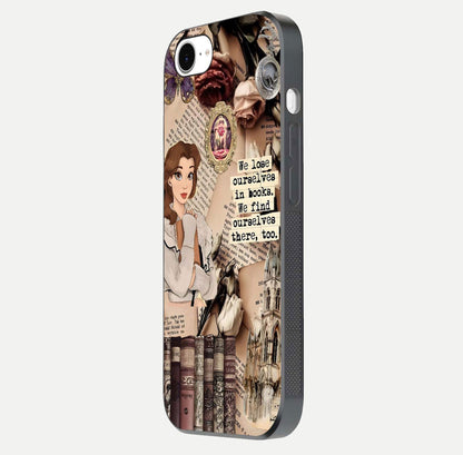 Bookish Dream World Glass Case for iPhone 16e side-angle image showing detail depth and smooth corner polish