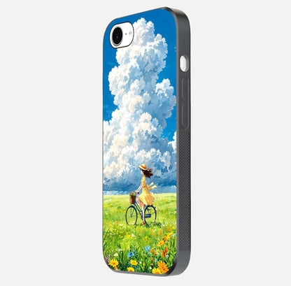Breezy Meadow Ride Glass Case for iPhone 16e side-angle image showing floral details and edge glow