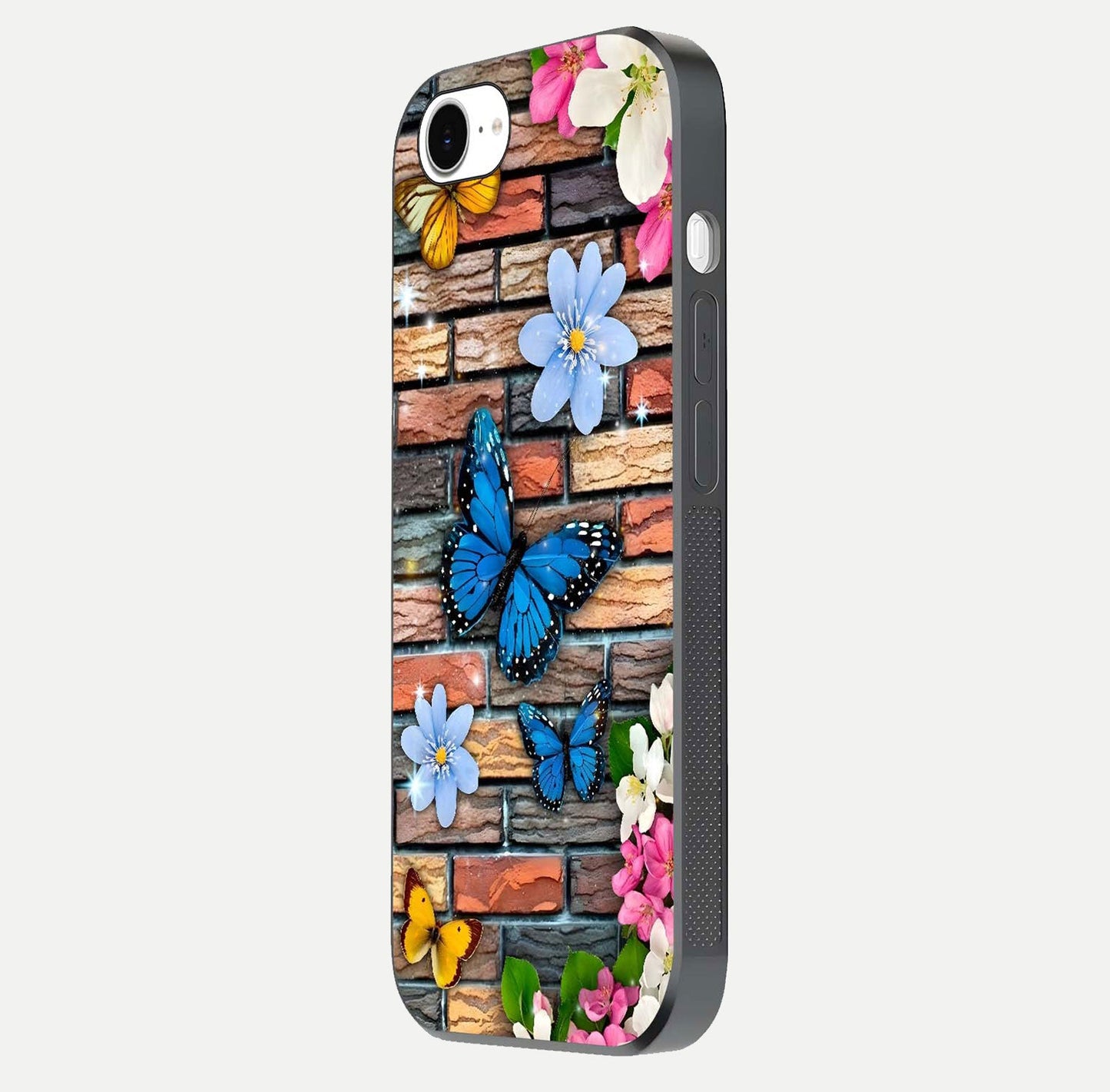 Brick Bloom Flight Glass Case for iPhone 16e side-angle photo showing curve shine and detailed petal contrast