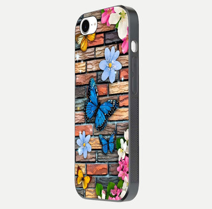 Brick Bloom Flight Glass Case for iPhone 16e side-angle photo showing curve shine and detailed petal contrast