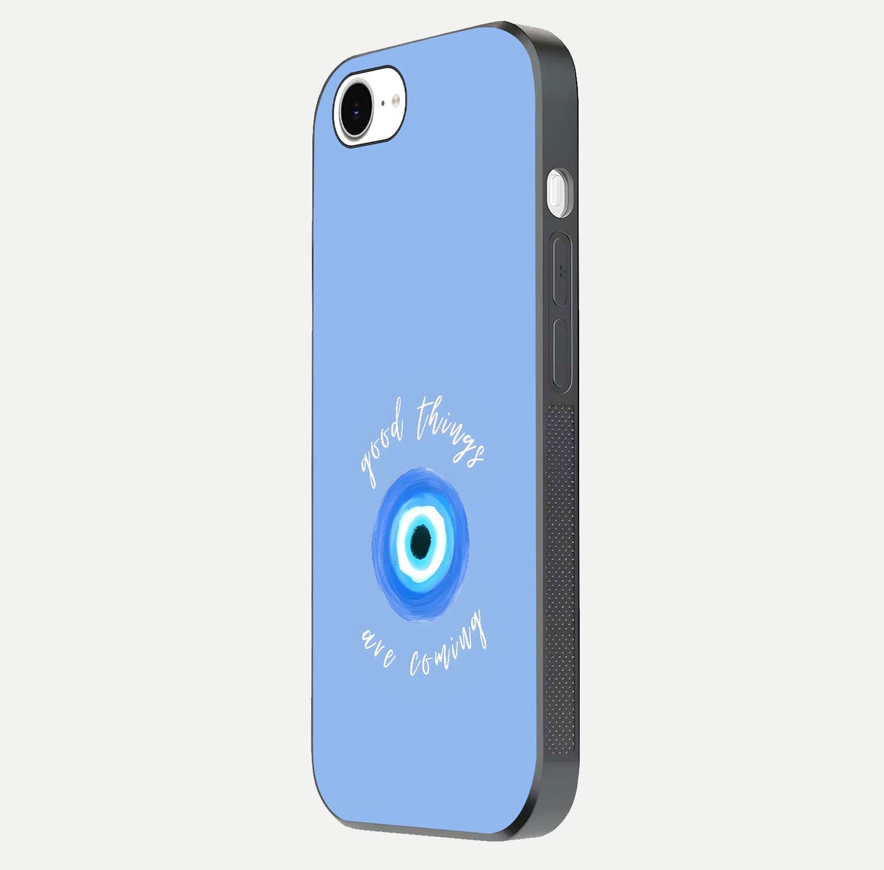 Bright Future Ahead Glass Case for iPhone 16e side-angle image displaying edge smoothness and reflective surface