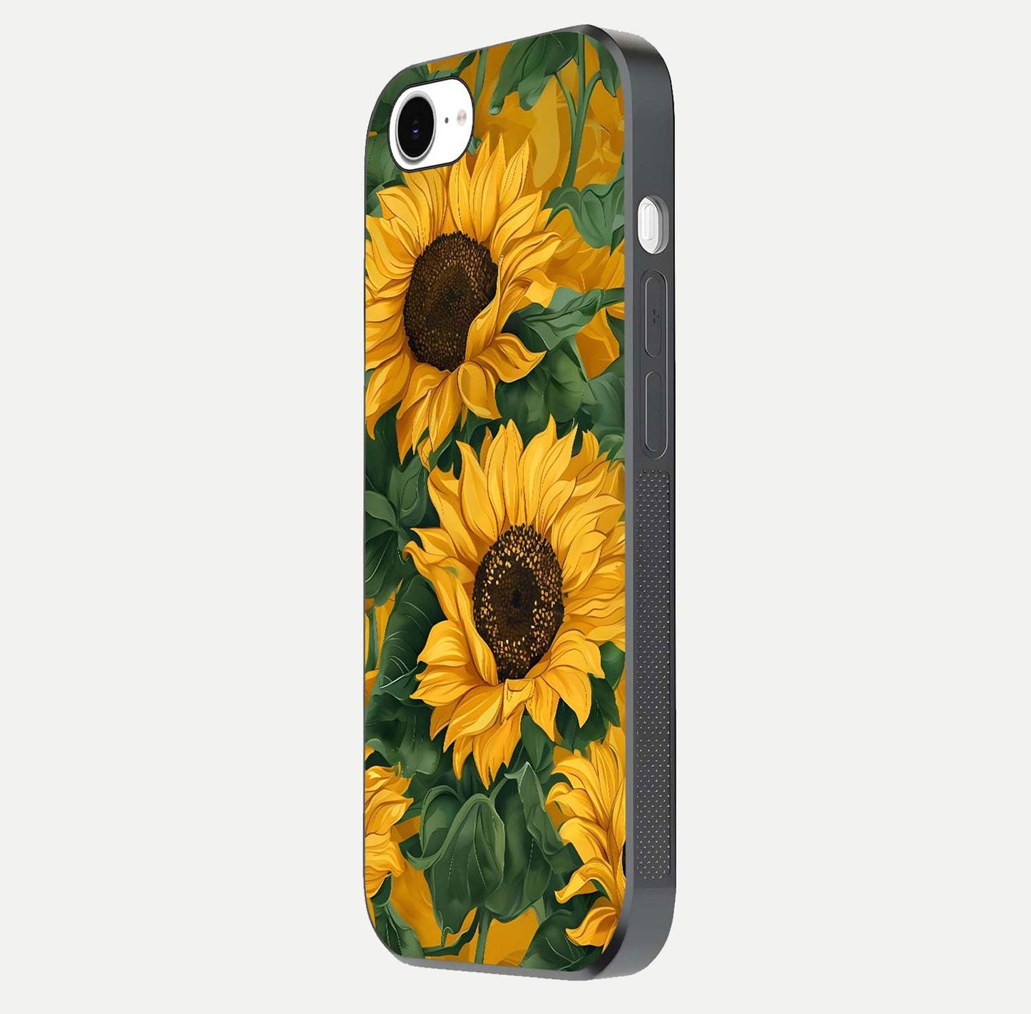 Bright Sunflower Bloom Glass Case for iPhone 16e side-angle image showing shine texture and detailed bloom